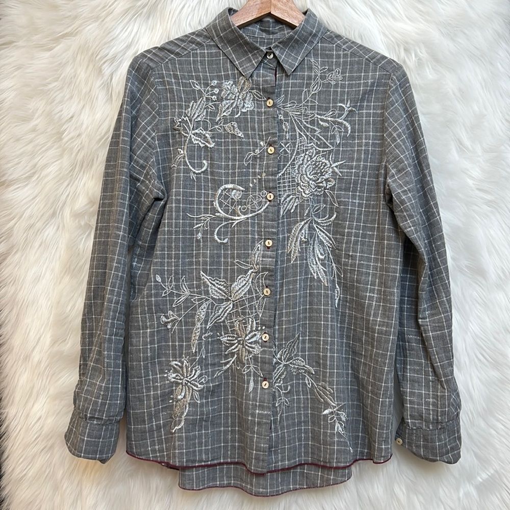 Johnny Was Women’s Check Floral Embroidered Button-Up Tunic blouse shirt